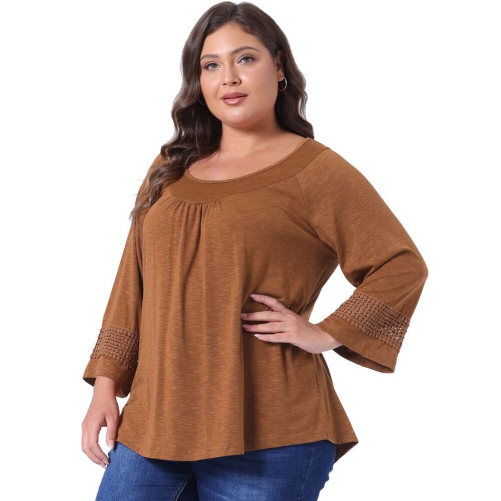 Plus Size Crochet Panel Kimono Raglan Sleeves Tops Brown